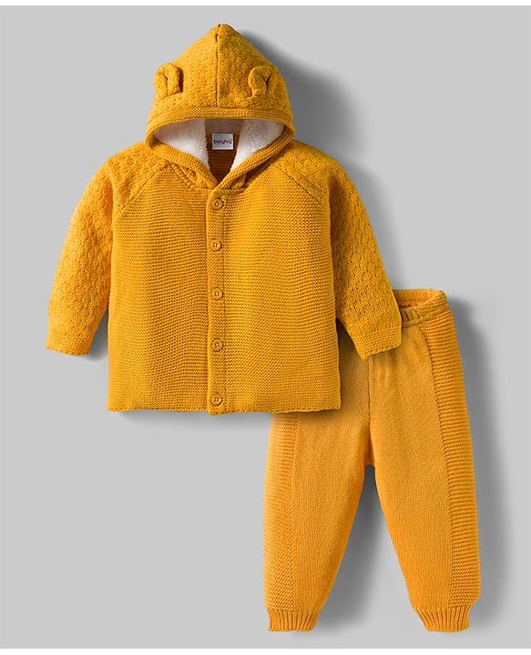 Babyhug Knit Full Raglan Sleeves Hooded Front Open Sweater Set with Cable Knit Design & Ear Applique - Yellow