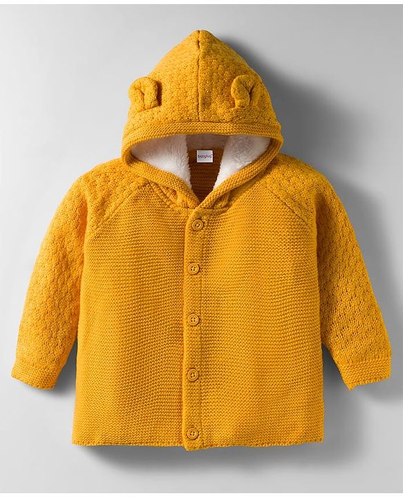 Babyhug Knit Full Raglan Sleeves Hooded Front Open Sweater Set with Cable Knit Design & Ear Applique - Yellow