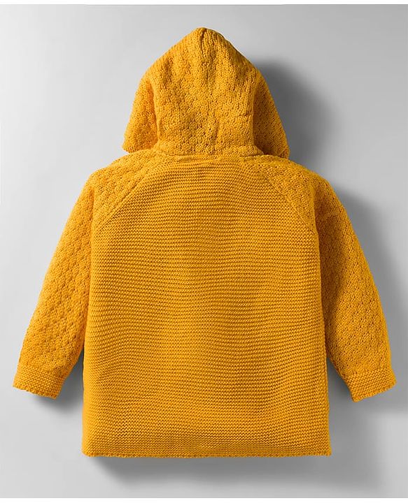 Babyhug Knit Full Raglan Sleeves Hooded Front Open Sweater Set with Cable Knit Design & Ear Applique - Yellow