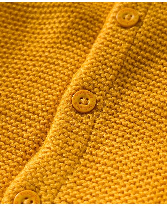 Babyhug Knit Full Raglan Sleeves Hooded Front Open Sweater Set with Cable Knit Design & Ear Applique - Yellow
