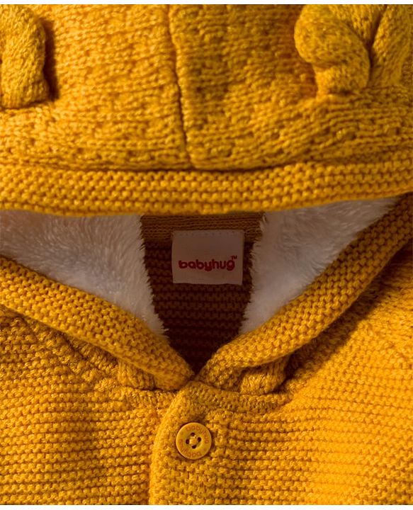 Babyhug Knit Full Raglan Sleeves Hooded Front Open Sweater Set with Cable Knit Design & Ear Applique - Yellow