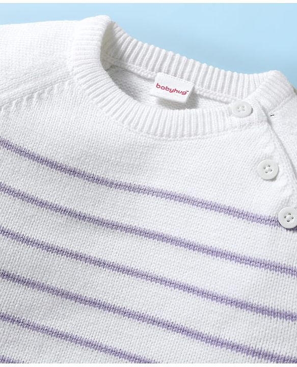 Babyhug Knitted Full Raglan Sleeves Striped Sweater Set - White & Purple
