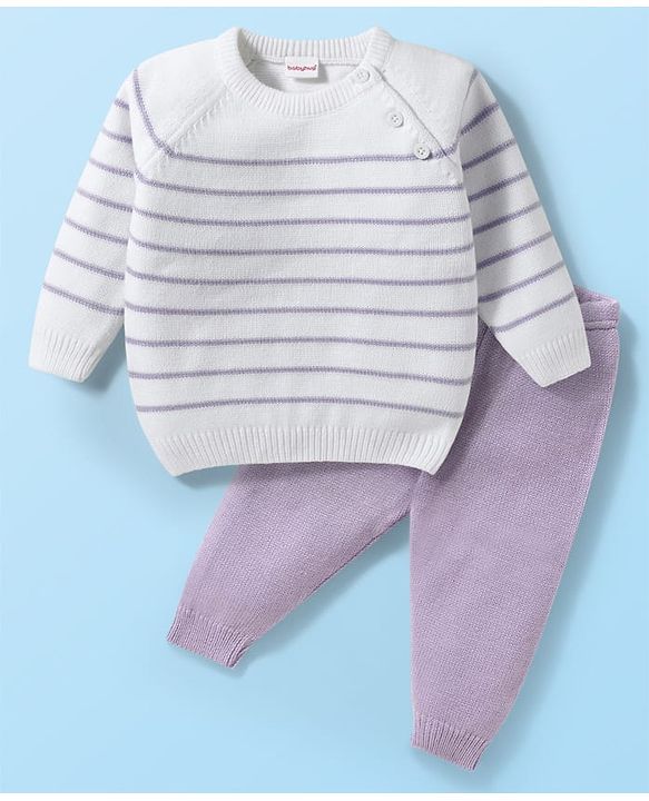 Babyhug Knitted Full Raglan Sleeves Striped Sweater Set - White & Purple