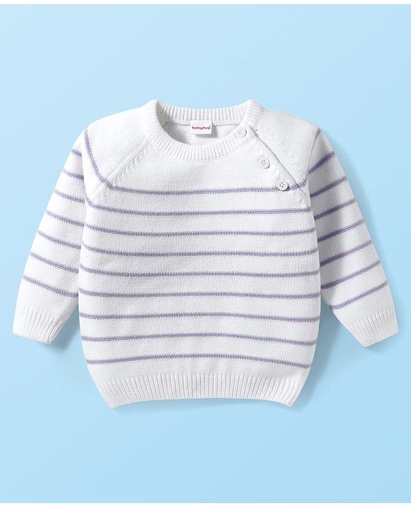 Babyhug Knitted Full Raglan Sleeves Striped Sweater Set - White & Purple