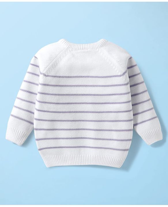 Babyhug Knitted Full Raglan Sleeves Striped Sweater Set - White & Purple