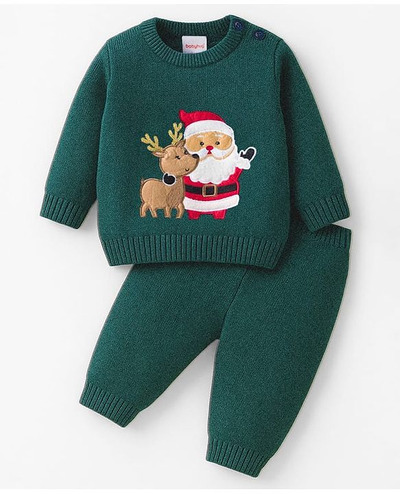 Babyhug Knit Full Sleeves Pullover Sweater Set with Reindeer & Santa Patch Embroidery - Dark Green