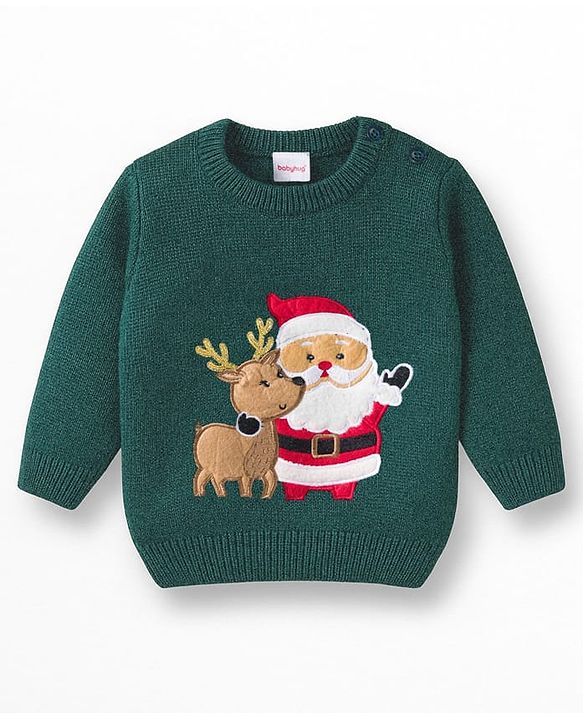 Babyhug Knit Full Sleeves Pullover Sweater Set with Reindeer & Santa Patch Embroidery - Dark Green