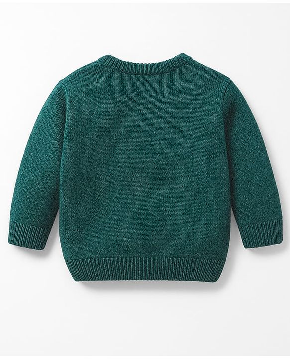 Babyhug Knit Full Sleeves Pullover Sweater Set with Reindeer & Santa Patch Embroidery - Dark Green