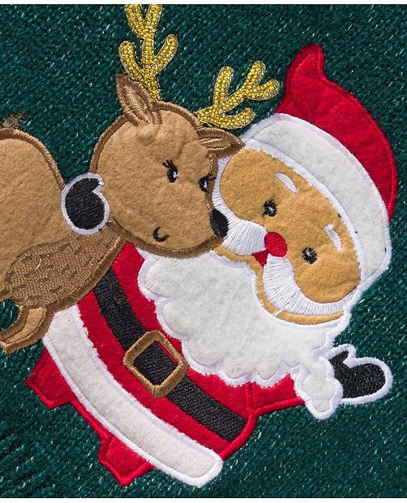 Babyhug Knit Full Sleeves Pullover Sweater Set with Reindeer & Santa Patch Embroidery - Dark Green
