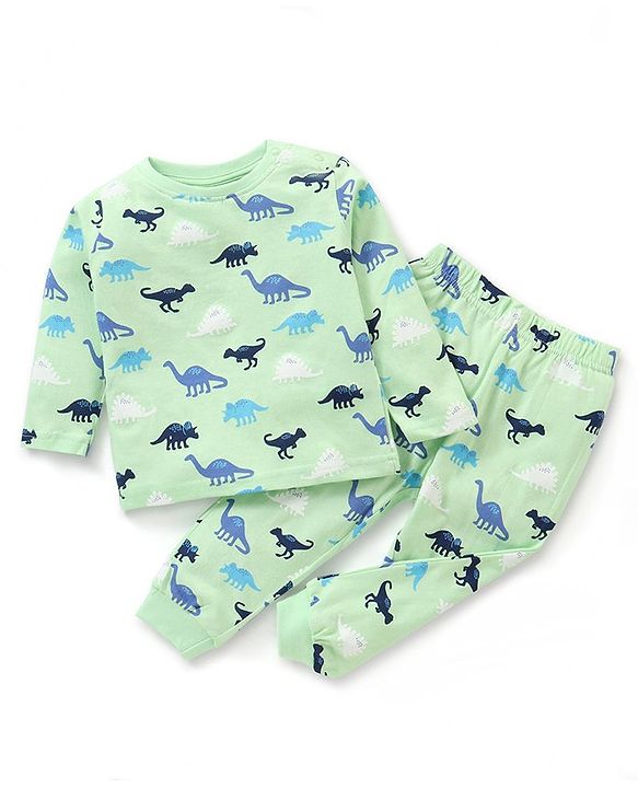 Babyhug Cotton Knit Full Sleeves Dino Printed Night Suit - Green
