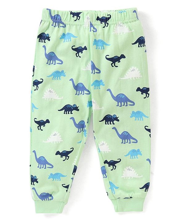 Babyhug Cotton Knit Full Sleeves Dino Printed Night Suit - Green