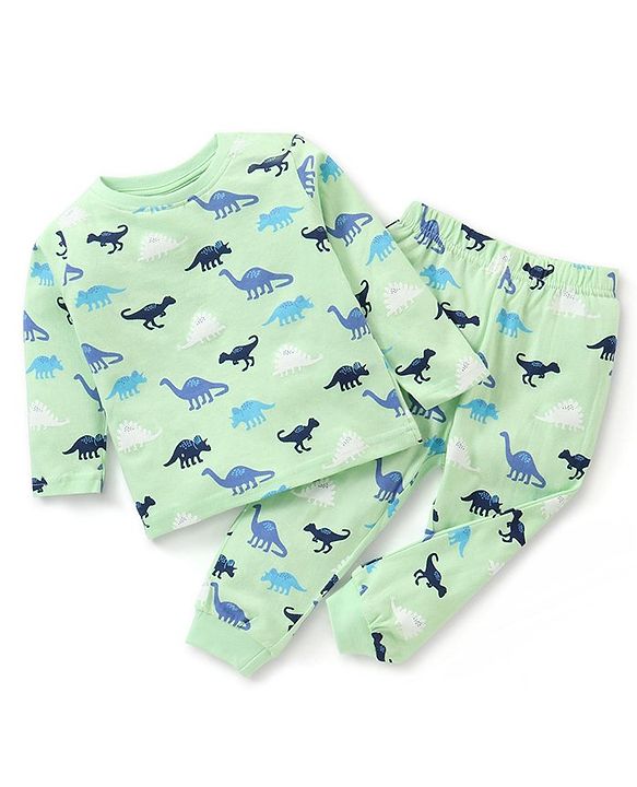 Babyhug Cotton Knit Full Sleeves Dino Printed Night Suit - Green