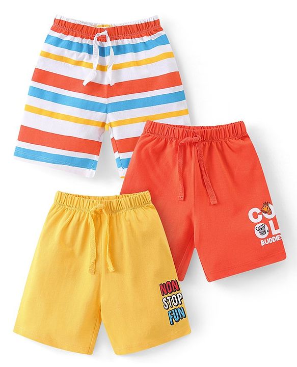 Babyhug Cotton Shorts Striped & Text Print Pack of 3 - Multicolour