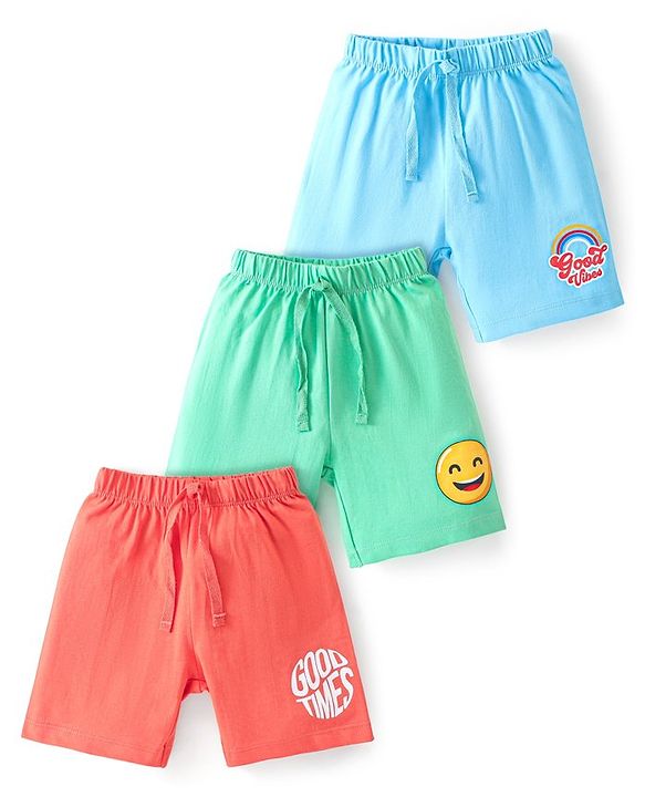 Babyhug Cotton Knit Shorts Emoji & Text Print Pack Of 3 - Blue Green & Red