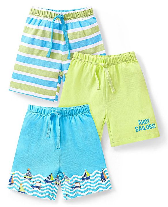 Babyhug Cotton Knit Boats Printed Shorts Pack of 3 - Multicolour