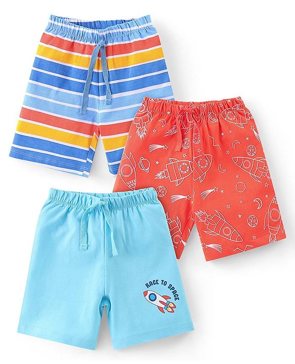 Babyhug Cotton Knit Space Shuttle Printed Shorts Pack of 3 - Multicolour
