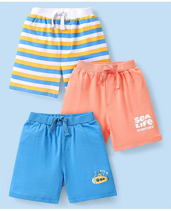 Babyhug Cotton Knit Shorts Submarine Printed and Striped Pack of 3 - Multicolour