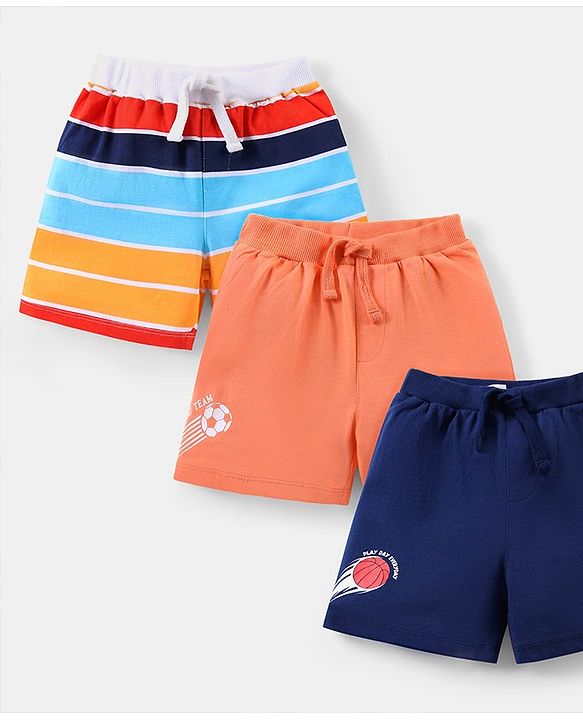 Babyhug Cotton Knit Shorts with Stripes Pattern & Football Print Pack of 3 - Multicolor