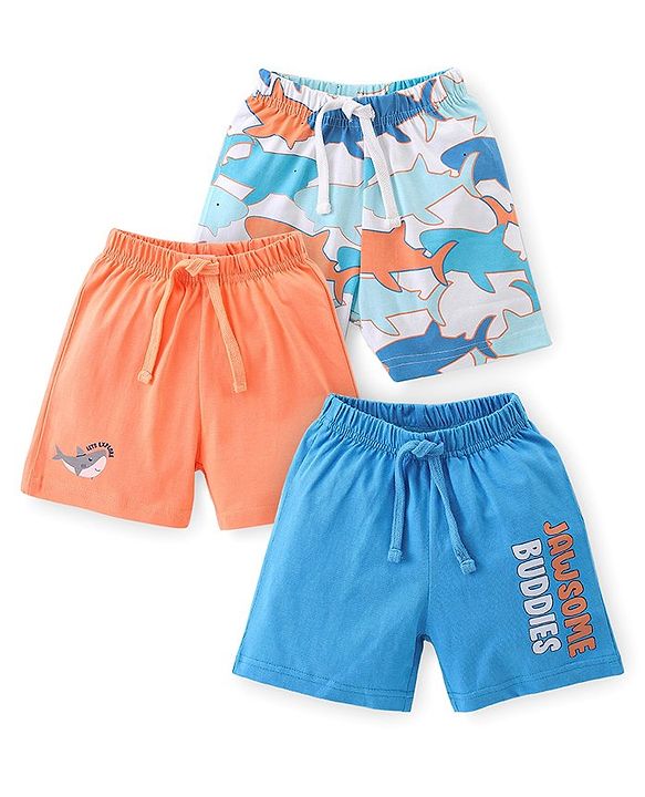 Babyhug Cotton Knit Shorts with Shark & Text Print Pack of 3 - Multicolour