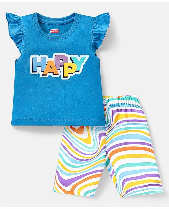 Babyhug Cotton Knit Frill Sleeves Capri Night Suit With Text Print - Blue