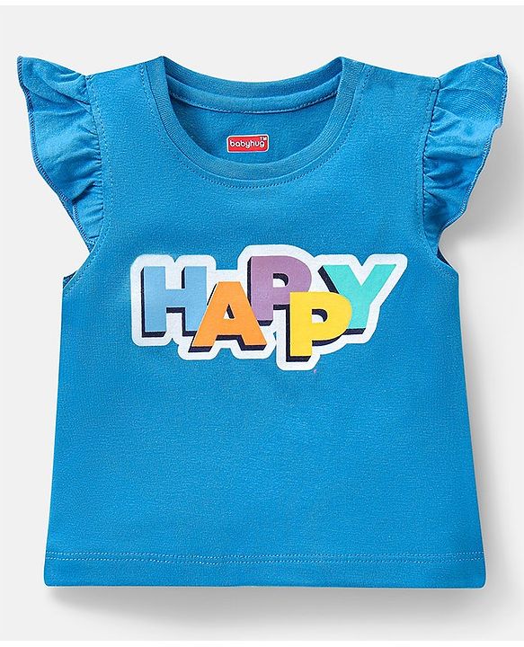 Babyhug Cotton Knit Frill Sleeves Capri Night Suit With Text Print - Blue