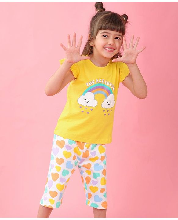 Babyhug Cotton Knit Cap Sleeves Capri Night Suit With Heart Print - Yellow