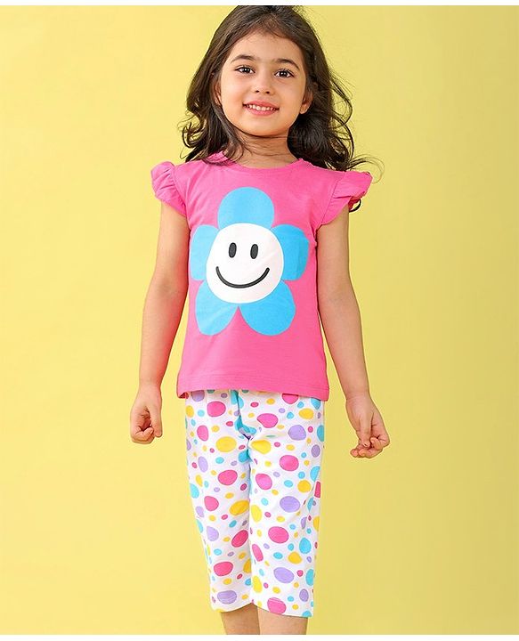Babyhug Cotton Knit Frill Sleeves Floral Printed Night Suit - Pink