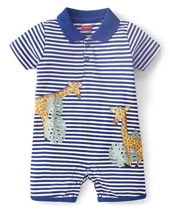 Babyhug 100% Cotton Knit Half Sleeves Romper Giraffe Print - Navy Blue