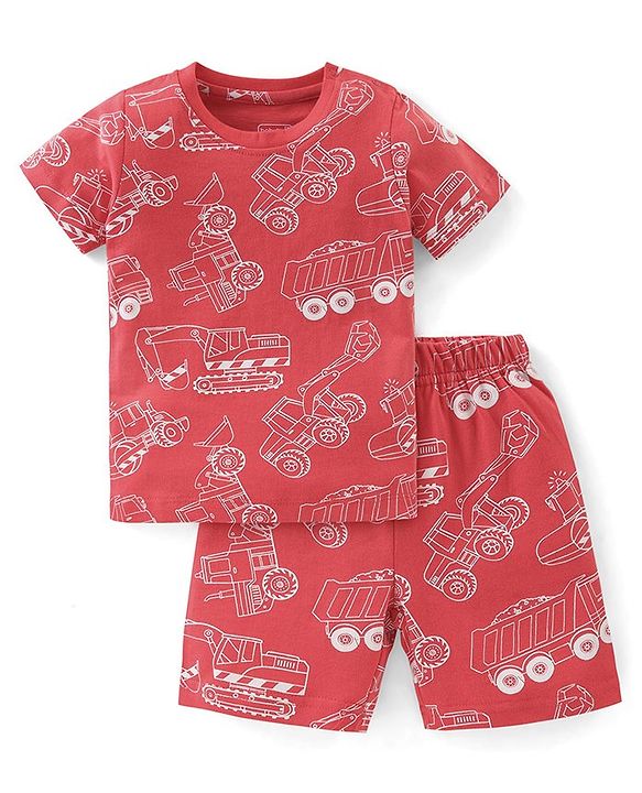 Babyhug Cotton Knit Single Jersey Half Sleeves Night Suit With Construction Vehicle Print - Red