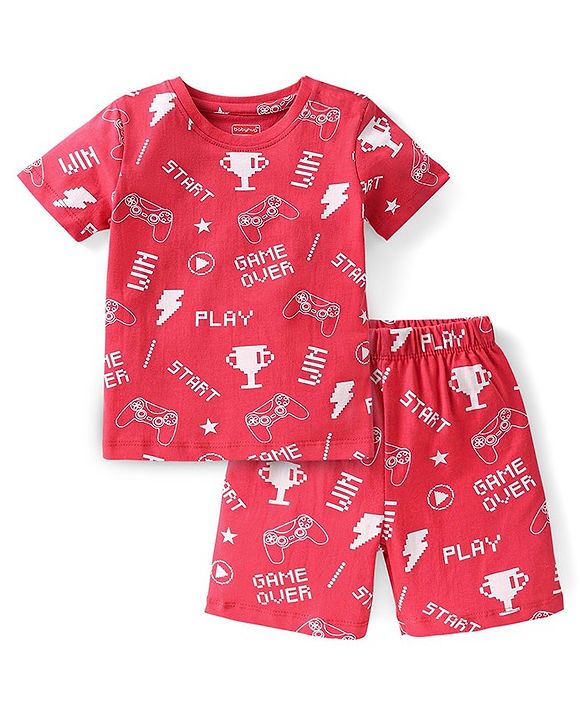 Babyhug Cotton Knit Half Sleeves Night Suit With Video Game Console Print- Red