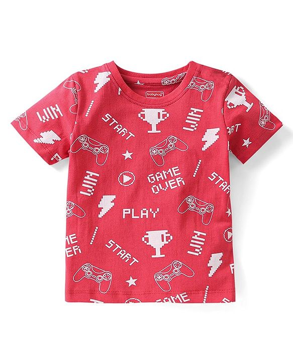 Babyhug Cotton Knit Half Sleeves Night Suit With Video Game Console Print- Red
