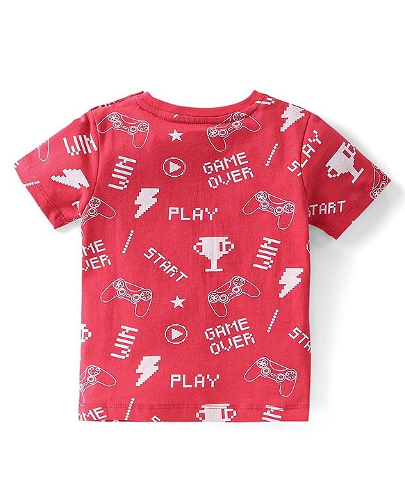Babyhug Cotton Knit Half Sleeves Night Suit With Video Game Console Print- Red