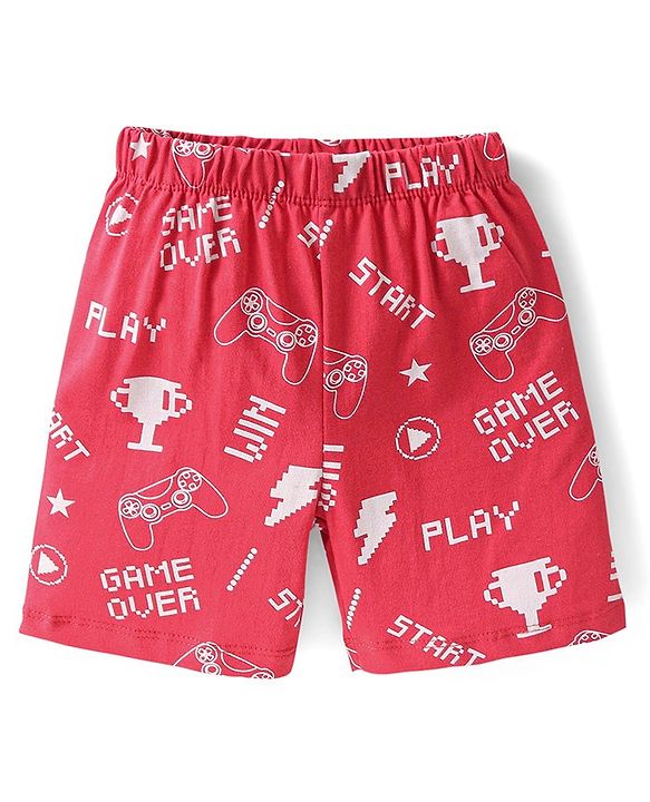Babyhug Cotton Knit Half Sleeves Night Suit With Video Game Console Print- Red