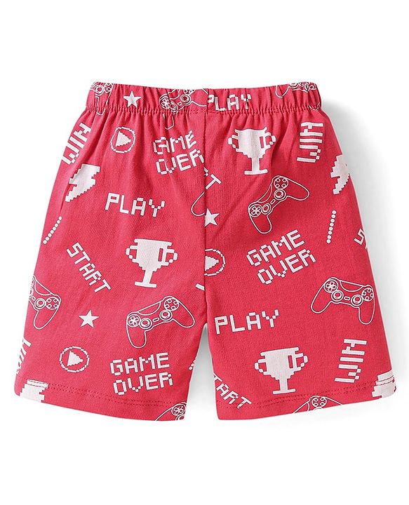 Babyhug Cotton Knit Half Sleeves Night Suit With Video Game Console Print- Red