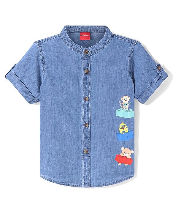 Babyhug Half Sleeves Mandarin Collar Denim Shirt with Animals Print - Light Blue