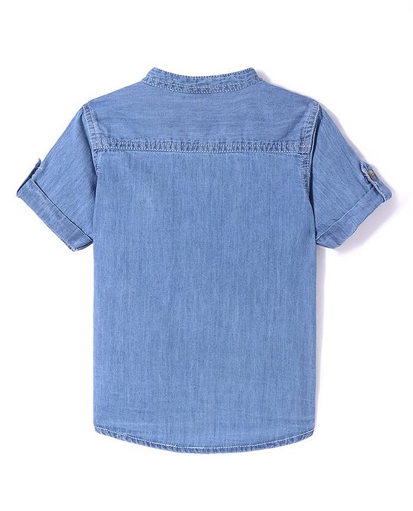 Babyhug Half Sleeves Mandarin Collar Denim Shirt with Animals Print - Light Blue