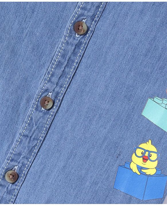 Babyhug Half Sleeves Mandarin Collar Denim Shirt with Animals Print - Light Blue