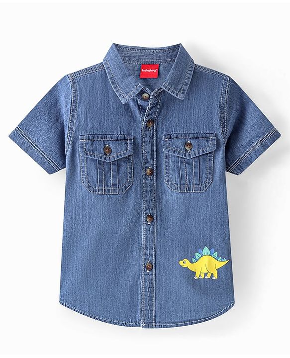 Babyhug Cotton Woven Half Sleeves Regular Collar Dino Printed Denim Shirt - Mid Blue