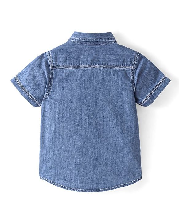 Babyhug Cotton Woven Half Sleeves Regular Collar Dino Printed Denim Shirt - Mid Blue