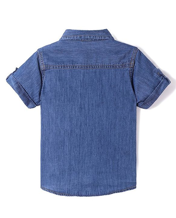 Babyhug Half Sleeves Denim Shirt with Smiley Patch - Dark Blue