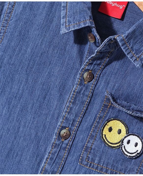 Babyhug Half Sleeves Denim Shirt with Smiley Patch - Dark Blue
