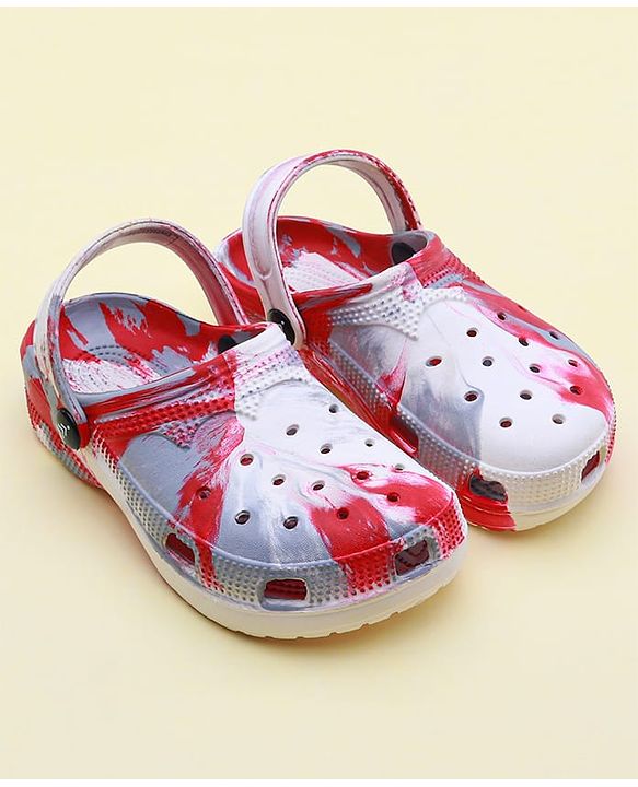 Pine Kids Clogs with Back Strap Closure & Marble Print - White & Red
