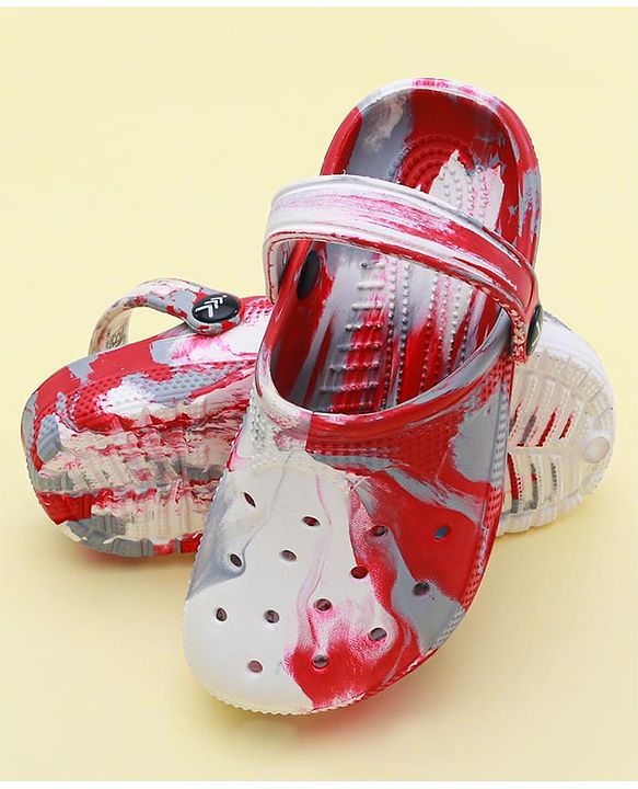 Pine Kids Clogs with Back Strap Closure & Marble Print - White & Red