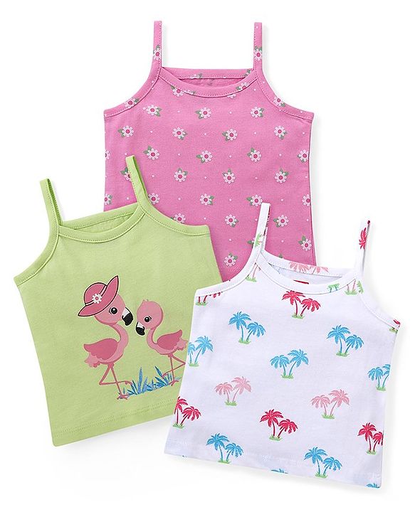Babyhug 100% Cotton Knit Singlet Sleeves Slips with Floral & Flamingos Print Pack of 3 - Pink White & Green