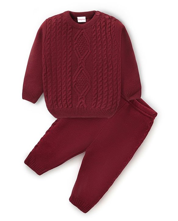 Babyhug Knitted Full Sleeves Sweater Set with Cable Knit Design - Maroon