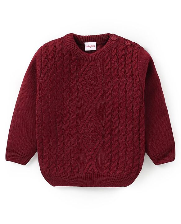 Babyhug Knitted Full Sleeves Sweater Set with Cable Knit Design - Maroon