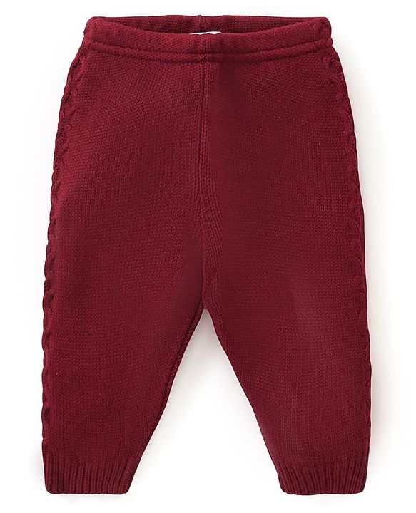Babyhug Knitted Full Sleeves Sweater Set with Cable Knit Design - Maroon