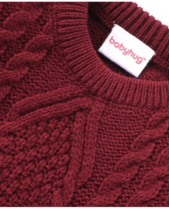 Babyhug Knitted Full Sleeves Sweater Set with Cable Knit Design - Maroon