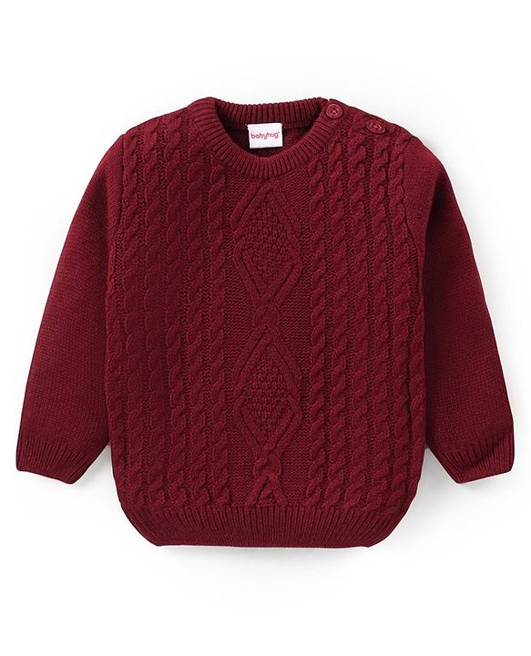 Babyhug Knitted Full Sleeves Sweater Set with Cable Knit Design - Maroon