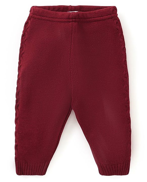Babyhug Knitted Full Sleeves Sweater Set with Cable Knit Design - Maroon